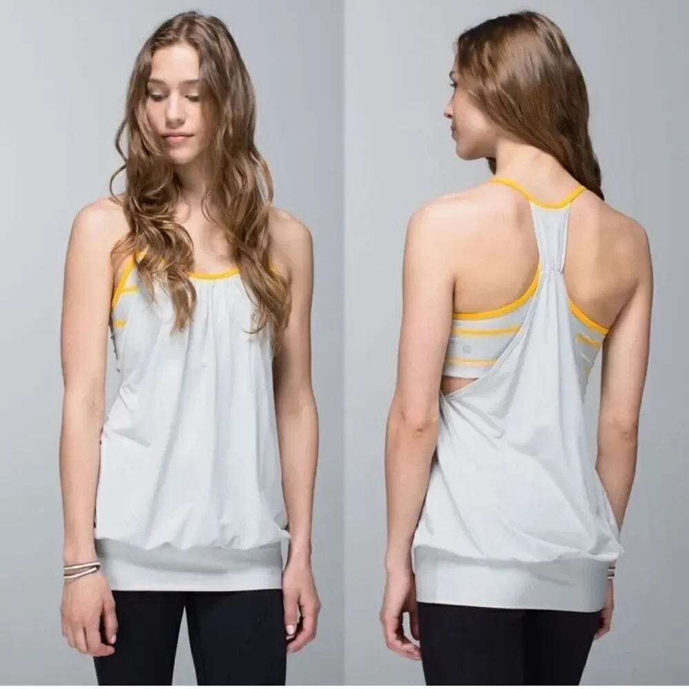 Lululemon Silver Spoon Pop Stripe Heathered Light Gray No Limits Tank Top Size 6